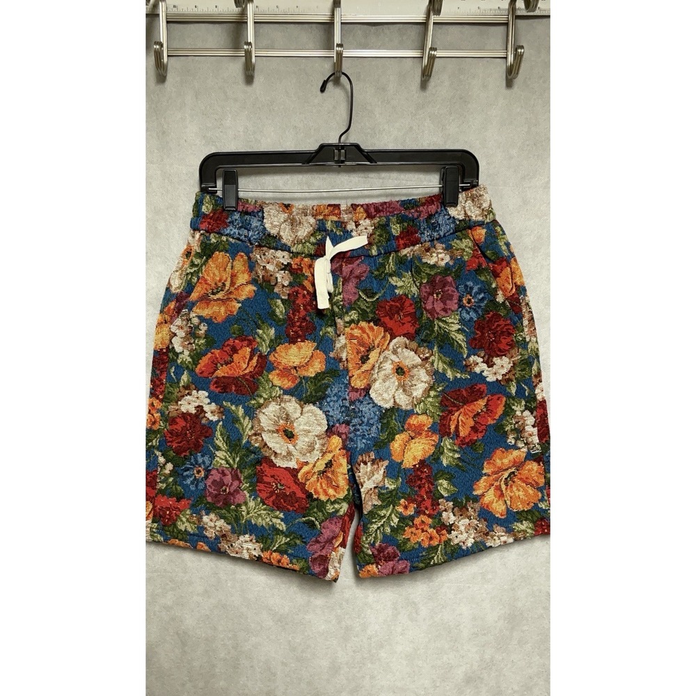 Woven Tapestry Shorts Men M Floral AOP Pull On Drawstring Jacquard Streetwear 7"